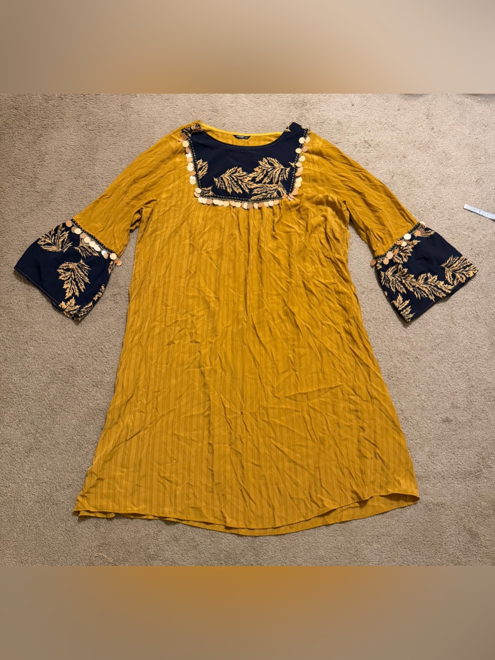 SHEIN Mustard Yellow Maxi Dress with Navy Embroidered Yoke and Sleeves